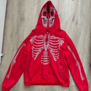 red guapi bedazzled skeleton full zip up hoodie